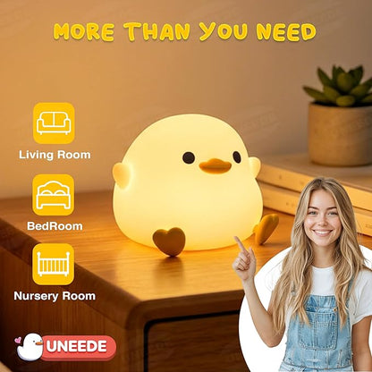 UNEEDE LED Cute Bean Duck Night Light, DoDo Duck Silicone Nursery Night Light Squishy Dimmable Rechargeable Table Bedside Lamp with Touch Sensor for Bedrooms, Living Room Unique Dorm Decor Gift Toy