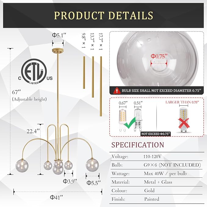 CATINER Modern Gold Chandelier, 6 Lights Sputnik Chandeliers Large L40”Mid Century Ceiling Pendant Light Fixtures with Smoke Glass Globe Shades for Living Dining Room Foyer Bedroom