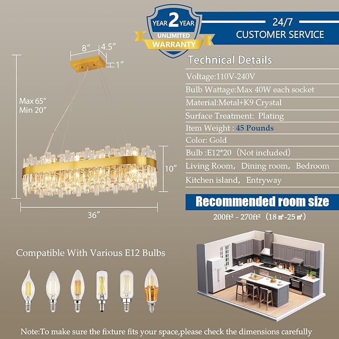 Weesalife Gold Crystal Chandeliers for Dining Room, 20 Lights Modern Oval Chandelier for Lining Room, Rectangular Crystal Pendant Light Fixture for Kitchen Island Bar L36 Inch