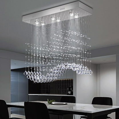 Finktonglan Linear Crystal Chandelier for Kitchen Island, 31.5'' Rectangular K9 Crystal Island Chandelier, 6-Light GU10 Height Adjustable Modern Dining Room Ceiling Light