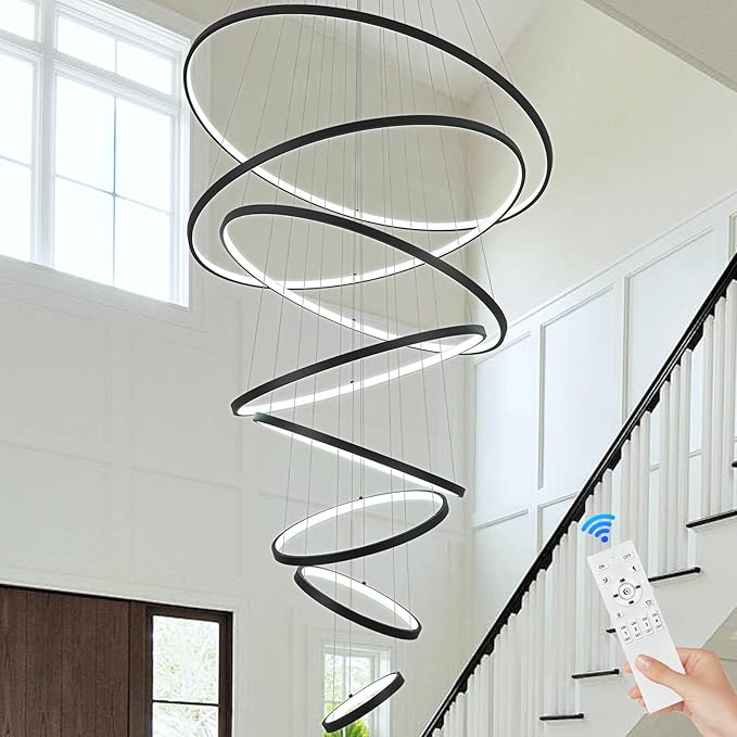 Modern LED Chandelier 8 Rings Dimmable Black High Ceiling Chandelier Foyer, Large LED Contemporary Pendant Lighting for Staircase Entryway Living Room, D35’’ 3000K-6500K