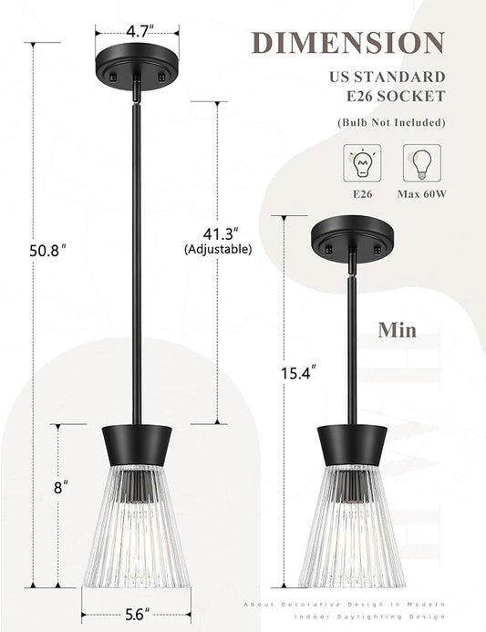 Pendant Lights Kitchen Island, HWH Hanging Light Fixture Set of 2, 5.6 Inch Pendant Light Fixtures Ceiling with Clear Striped Glass, Matte Black Finish, 5HZG107MIL-2PK BK