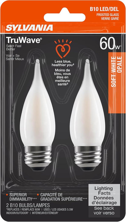 Sylvania LED TruWave Natural Series Candelabra Light Bulb, 60W Soft White Medium Base, Dimmable, Frosted, Candle Tip - 2 Pack