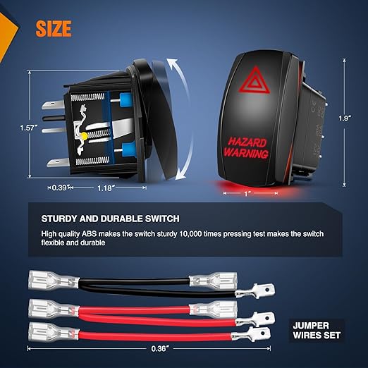 Nilight Hazard Warning Rocker Switch 5 Pin Laser On Off SPST switches 20A/12V 10A/24V Red LED Light Emergency w/Jumper Wires Set for Cars Trucks Boats ATVs UTVs RVs