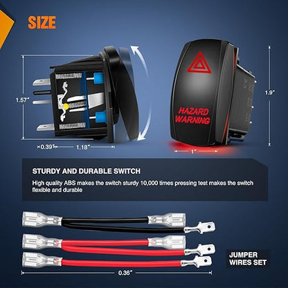 Nilight Hazard Warning Rocker Switch 5 Pin Laser On Off SPST switches 20A/12V 10A/24V Red LED Light Emergency w/Jumper Wires Set for Cars Trucks Boats ATVs UTVs RVs