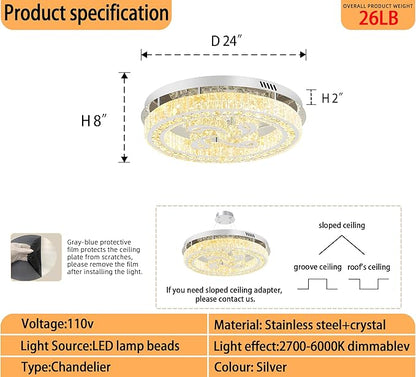 24'' Silver Modern Crystal Chandelier LED Dimmable Flush Mount Crystal Ceiling Light for Living Room Bedroom Dining Room
