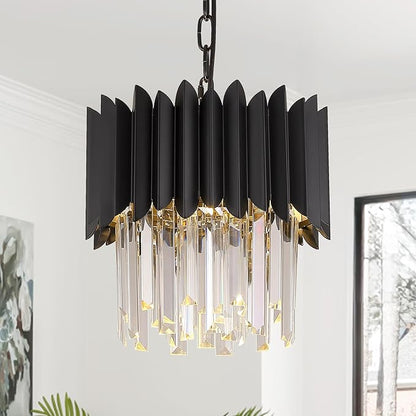 A AXILIXI Black Crystal Chandelier Small K9 Crystal Round Pendant Lights 11.8in Adjustable Modern Crystal Ceiling Pendant Light Fixture 3-Lights for Dining Room Living Room Kitchen Foyer Entryway