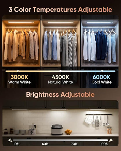 16inch Under Cabinet Lighting, 216LED Motion Sensor Light Indoor, Rechargeable Closet Lights, 3 Color Temps, Dimmable, Wireless Under Counter Lights for Kitchen, Stairs, Pantry, 4 Pack