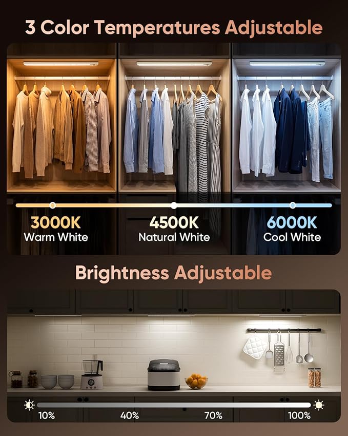 16inch Under Cabinet Lighting, 216LED Motion Sensor Light Indoor, Rechargeable Closet Lights, 3 Color Temps, Dimmable, Wireless Under Counter Lights for Kitchen, Stairs, Pantry, 2 Pack