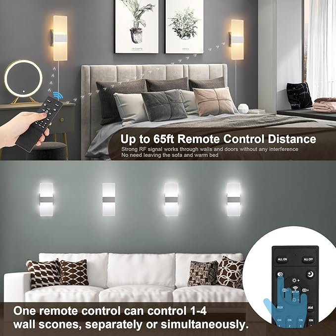 GOODATE Plug in Wall Sconces with Stepless Adjustable 3000K-6500K Colors and 10%-100% Brightness, Sconces Wall Lighting with Remote Control 12W Acrylic LED Wall Lamp with 6FT Plug in Cord, 2 Pack