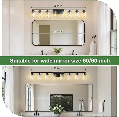 DORESshop 55 Inch Bathroom Light Fixtures, 8-Light Black Bathroom Lighting Fixtures Over Mirror with Glass Shade, Modern Vanity Lights for Hallway Bedroom