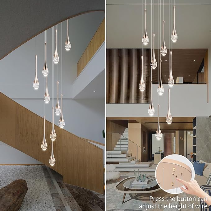 Modern Crystal Chandelier 9-Lights Gold, H98.5'' High Ceiling Spiral Dimmable LED Bubble Crystal Raindrop Light Fixture for Foyer Entryway Dining Room Remote Control