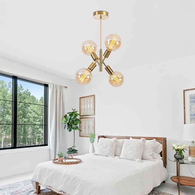 4-Lights Gold Chandelier Fixture Dining Room Light Fixture Over Table Mid Century Modern Chandelier Gold Sputnik Chandelier for Dining Room Living Room, Bedroom, Kitchen