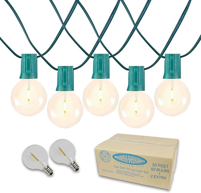 Novelty Lights 50 Feet G40 LED Patio String Light Set with 50 Bulbs, Warm White, Weather Resistant and Shatterproof Replaceable Plastic Globe Bulbs, Green Wire