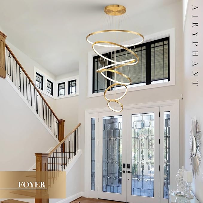 Modern 31" Big LED Chandeliers for High Ceiling 6 Rings Gold Chandeliers with Remote Control Dimmable Large Contemporary Ceiling Pendant Light for Foyer Living Room 3000K-6000K Selectable