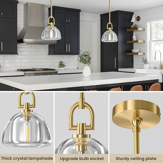 2 PCS of K9 Crystal Pendant Light with Brass Rod,7" Dimmable Contemporary Hemispher Light Above Dining Table,Modern Ceiling Hanging Lighting for Bedroom E12 Bulbs Included
