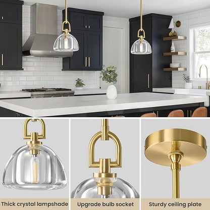 Single K9 Crystal Pendant Light with Brass Rod,7" Dimmable Contemporary Hemispher Light Above Dining Table,Modern Ceiling Hanging Lighting for Bedroom E12 Bulbs Included