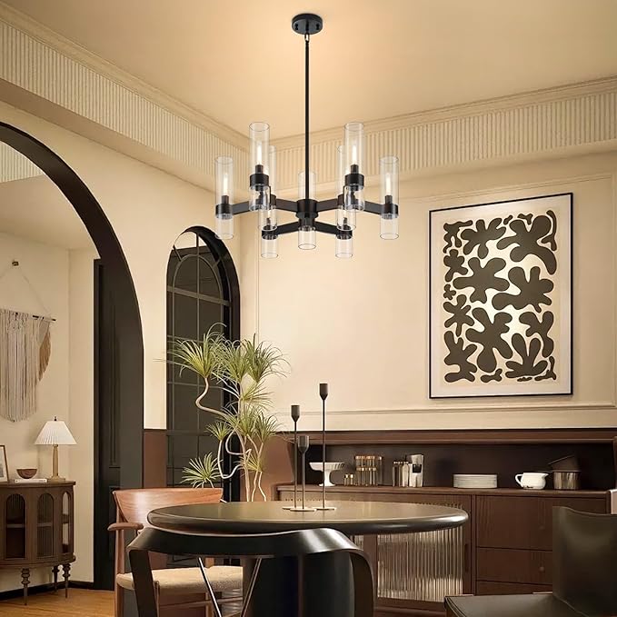 9 Light Black Chandelier, Modern Farmhouse Chandeliers for Dining Room Light Fixtures Over Table, Kitchen Island Lighting Fixture with Clear Glass Cover for Living Room Kitchen Island Bedroom Foyer
