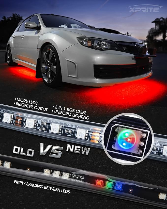 Xprite 4Pcs Car Underglow Neon Accent Strip Lights RGB 8 Color 252 LEDs Sound Music Function and Wireless Remote Control Underbody Light Strips for Car SUV Truck w/6FT Extension Wire, 2 Years Warranty