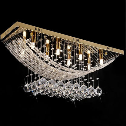 Modern Chandelier Crystal Chandelier Flush Mount Chandelier Gold Rectangle Crystal Raindrop Chandelier 8 Lights Ceiling Light Fixture Pendant Lamp for Kitchen Island Dining Room Closet Wedding Decor