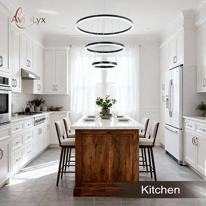 3 Rings Modern LED Chandelier Black High Ceiling Ring Chandeliers with Remote Control Circular Pendant Light Dimmable for Dining Room Living Room Bedroom Foyer Entryway 3000K-6500K
