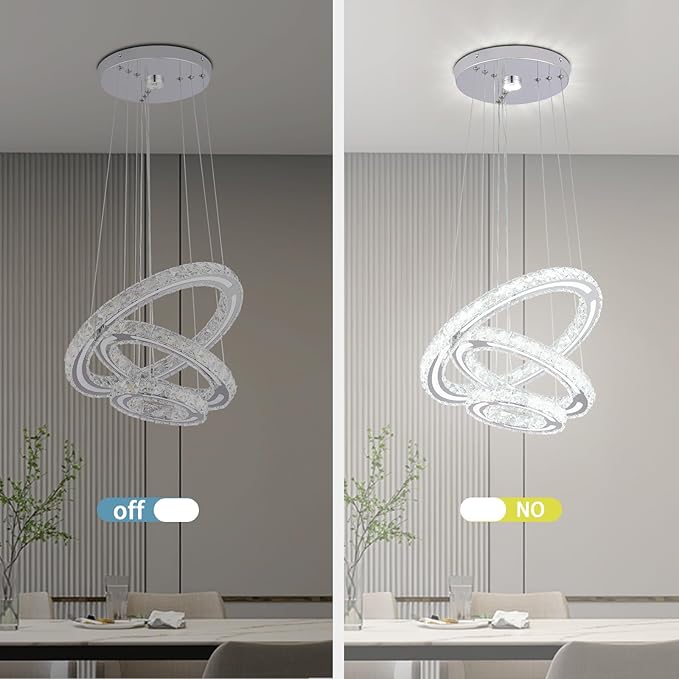 FRIXCHUR LED Crystal Ring Chandelier, Modern 3 Ring Chandelier Light Fixture, Adjustable Hanging Pendant Light for Dining Room Living Room Bedroom, Cool White