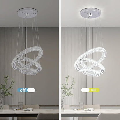 FRIXCHUR LED Crystal Ring Chandelier, Modern 3 Ring Chandelier Light Fixture, Adjustable Hanging Pendant Light for Dining Room Living Room Bedroom, Cool White