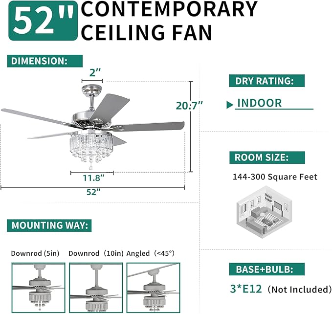 YITAHOME Chandelier Ceiling Fan with Remote, 52 Inch Crystal Fan Light, Indoor Fan Ceiling with 3 Speed, Silent Reversible Motor, Dual-Sided Blades, Timer, Balance Kit - Chrome