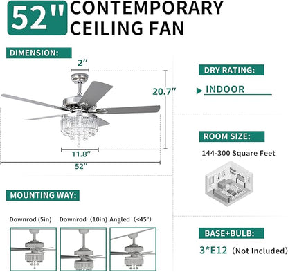 YITAHOME Chandelier Ceiling Fan with Remote, 52 Inch Crystal Fan Light, Indoor Fan Ceiling with 3 Speed, Silent Reversible Motor, Dual-Sided Blades, Timer, Balance Kit - Chrome