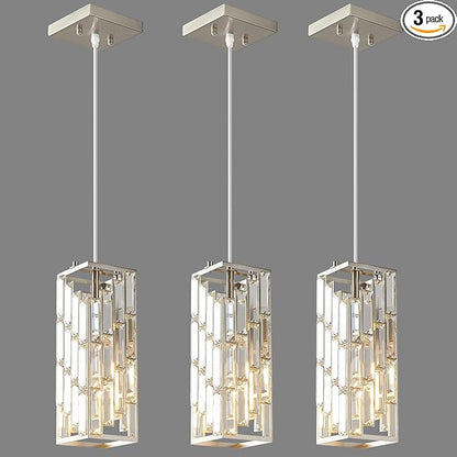 Brushed Nickel Pendant Lighting Modern Pendant Light, Mini Crystal Chandeliers, Adjustable Pendant Light Fixture for Kitchen Island Dinning Room Bedroom (3 Pack)