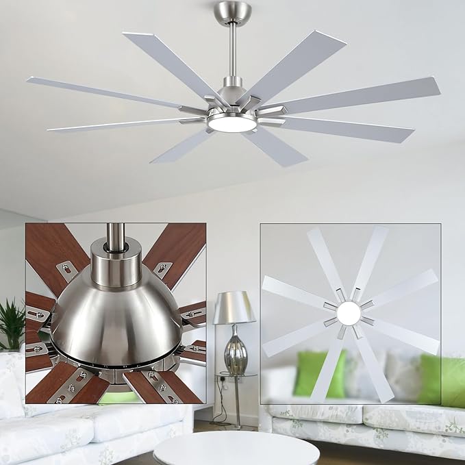 62 Inch Ceiling Fans with Lights and Remote, Nickel Large Ceiling Fan for Bedroom Living Room Indoor/Outdoor, 6 Speed Reversible DC Motor, 3CCT, Downrod, Dual Color 8 Blades, ETL Listed