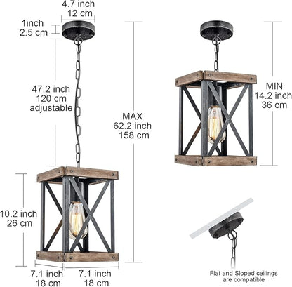 Farmhouse Pendant Light, Adjustable Metal and Wood Chandelier Light Fixture, Rustic Pendant Lighting for Kitchen Island, Bedroom, Dining Room and Entryway (Brown)