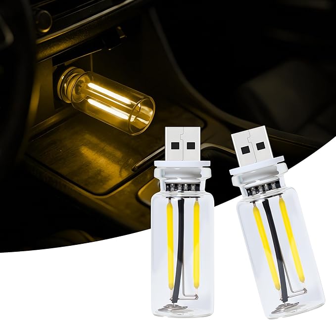 2 Packs USB Light for Car, Touch Dimmable Car Interior Ambient Lights - Portable Mini USB LED Light Bulb, Retro Glass Bottle Night Light for Vehicle, Bedroom, Hallway, Camping(Yellow)