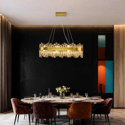Weesalife Gold Crystal Chandeliers for Dining Room Lights Fixtures Over Table, 16 Lights Modern Rectangle 2-Tier Chandeliers for Kitchen Island Bar L32 Inch