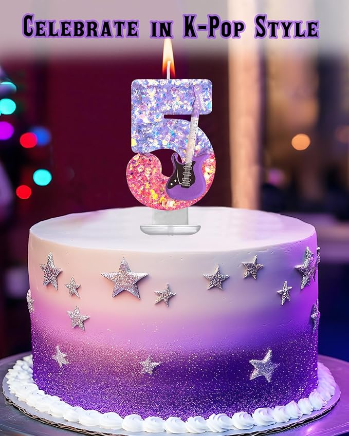 K-Pop Birthday Candle – Purple & Pink Glitter Music Theme Cake Candle with Guitar, Musical Party Decor for Girls, Teens, Kpop Fans (5)