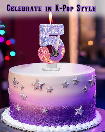 K-Pop Birthday Candle – Purple & Pink Glitter Music Theme Cake Candle with Guitar, Musical Party Decor for Girls, Teens, Kpop Fans (5)