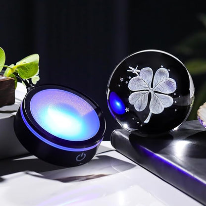 YWHL 3D Crystal Four-Leaf Clover Ball Figurine with Colorful LED Base, Four-Leaf Clover Good Luck Gifts for Women Men on Birthday, Glass Plants Art Statue Decorative Ball for Home Decor (80mm)