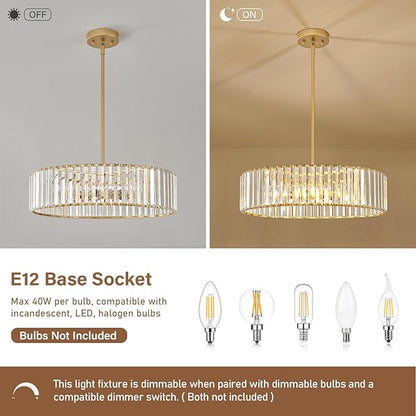 YURNYQ Gold Crystal Chandelier for Dining Room, 6-Light Modern Semi Flush Mount Chandelier Lighting Fixtures, Round Kitchen Hanging Drum Pendant Lights Ceiling for Living Room Bedroom Foyer, 19.6 Inch