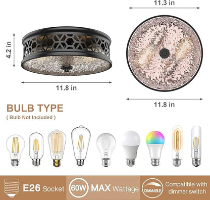 EAPUDUN Flush Mount Ceiling Light, 12 Inch 2 Light Vintage Ceiling Light with Rippled Glass, Black Ceiling Fixture for Hallway Corridor Kitchen Bathroom Bedroom Passway FMA1538-MBK