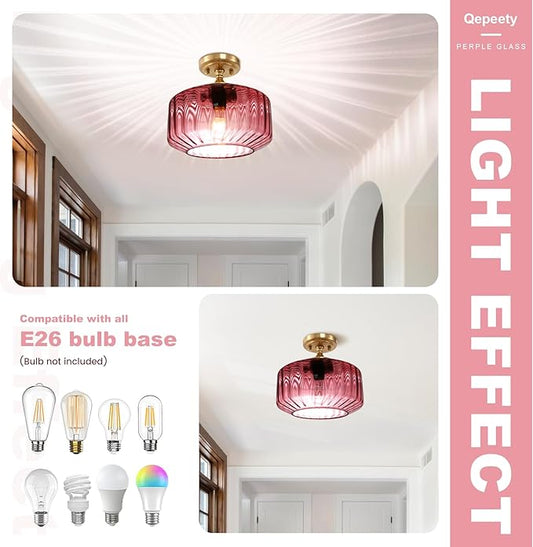 Vintage Gold Bathroom Ceiling Light Flush Mount Overhead Light with Purple Ribbed Glass Shade Industrial Ceiling Lamp for Hallway Foyer Porch Kitchen Bedroom