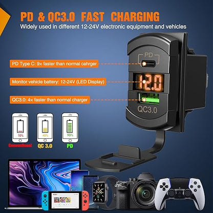 Nilight 5 Gang Rocker Switch Panel with PD Type C and USB Charger Voltmeter 12V SPST ON Off Toggle Switches w/Orange Backlit Waterproof Aluminum for Boats Cars RVs Trucks