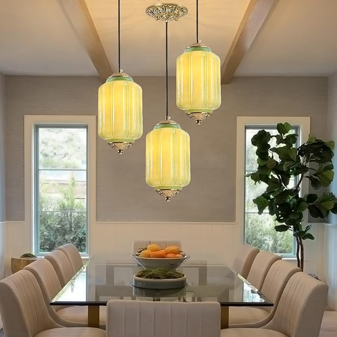 Milk Glass Pendant Light, 5.5 Inch Green Adjustable Cord Hanging Lamp, Dimmable E26 Base Vintage Pendant Light Fixture for Bedroom Bathroom Entryway