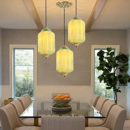 Milk Glass Pendant Light, 5.5 Inch Green Adjustable Cord Hanging Lamp, Dimmable E26 Base Vintage Pendant Light Fixture for Bedroom Bathroom Entryway