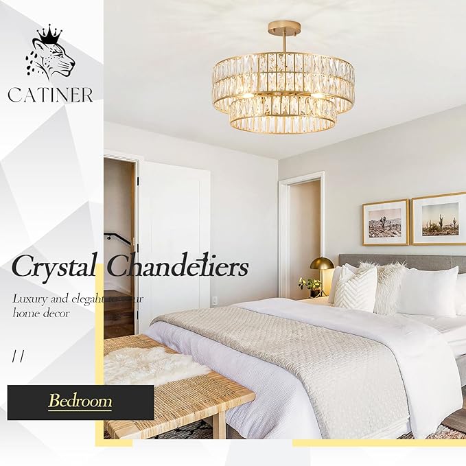 CATINER 24'' Modern Crystal Chandelier 8-Lights Luxury Gold Semi Flush Mount Ceiling Light Fixtures Round Crystal Pendant Chandelier for Living Room Dining Room Foyer Bedroom Kitchen