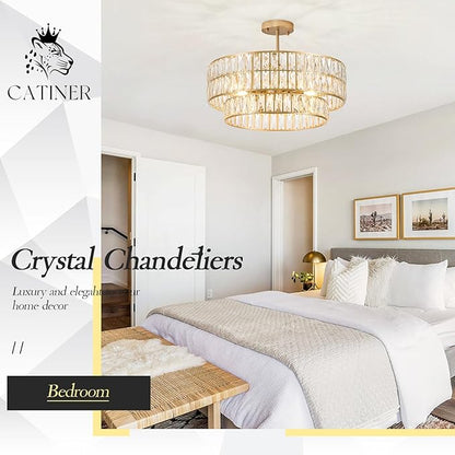 CATINER 24'' Modern Crystal Chandelier 8-Lights Luxury Gold Semi Flush Mount Ceiling Light Fixtures Round Crystal Pendant Chandelier for Living Room Dining Room Foyer Bedroom Kitchen