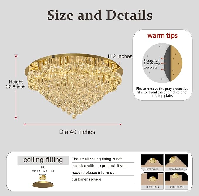 Flashing God 40inches Gold Chanderliers for Living Room Crystal Chandelier Ceiling Light Fixture Raindrop Pendant Light for Foyer Dining Room Hallway Bedroom LED Dimmable Lighting 2700k 4500k 6000k