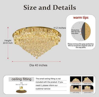Flashing God 40inches Gold Chanderliers for Living Room Crystal Chandelier Ceiling Light Fixture Raindrop Pendant Light for Foyer Dining Room Hallway Bedroom LED Dimmable Lighting 2700k 4500k 6000k