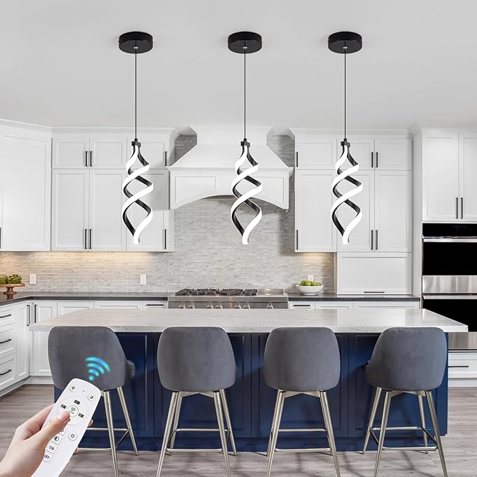 EIDISUNY 3 Pack Pendant Light Fixture, 15W Black Spiral Led Chandelier Hanging Lamp, 3000K-6000K, Dimmable Pendant Lamp, Adjustable Height Pendant Light for Kitchen Island Dining Room Bedroom Cafe