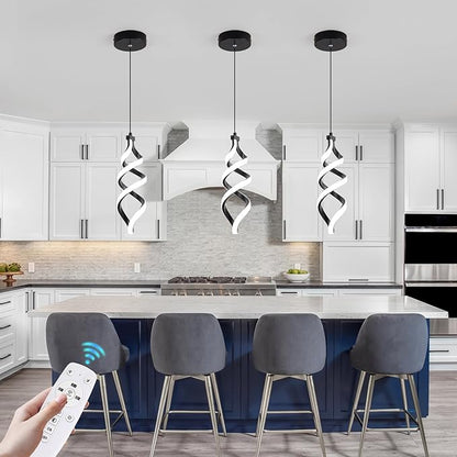 EIDISUNY Modern Led Pendant Light Fixture, 15W Black Spiral Led Chandelier Hanging Lamp, 3000K-6000K, Dimmable Pendant Lamp, Adjustable Height Pendant Light for Kitchen Island Dining Room Bedroom Cafe