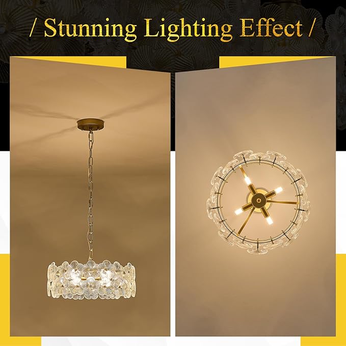 14" Clear Flower Glass Chandelier Elegant 4 Lights Modern Gold Pendant Lighting Fixture for Kitchen Island Dining Room Bedroom Entryway Hallway, G9